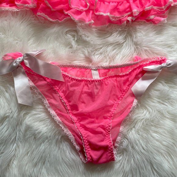 NWOT Victoria's Secret Pink Sheer Mesh Babydoll Set lace ruffle trim, bows Large - Picture 9 of 14
